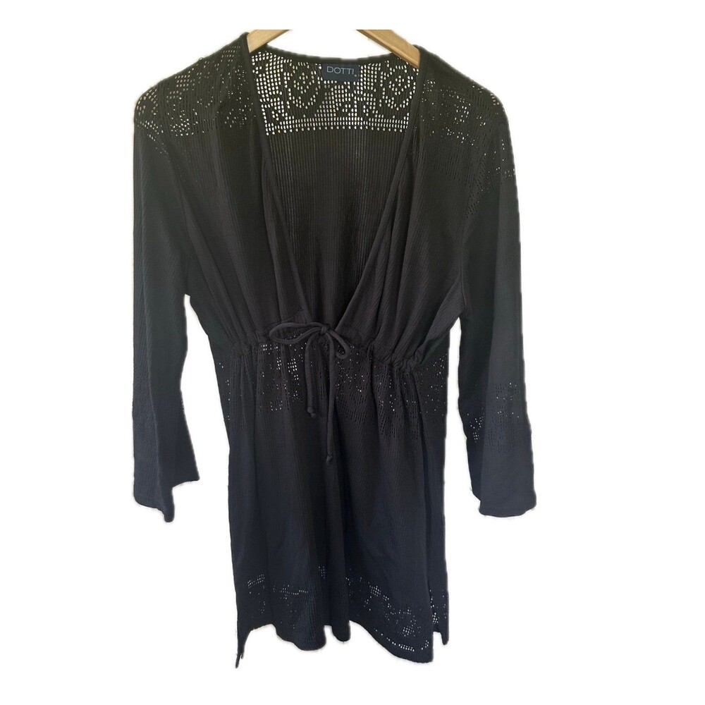 Dotti Plunging Floral Lace Drawstring Pullover Swim Cover Up Dress One Size